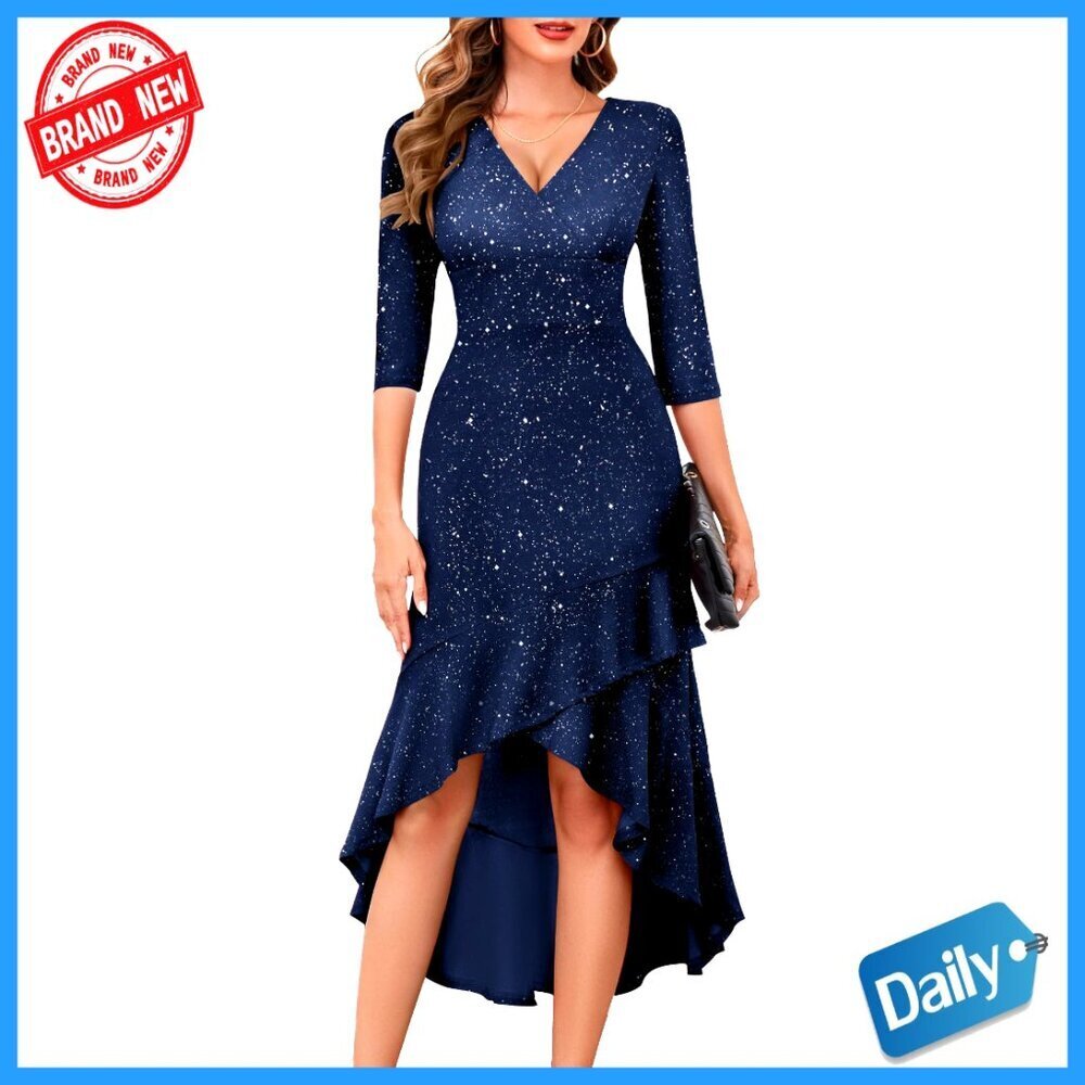 Sequin Formal Cocktail Dress Ruffle Hi Low Midi Elegant Evening Gown